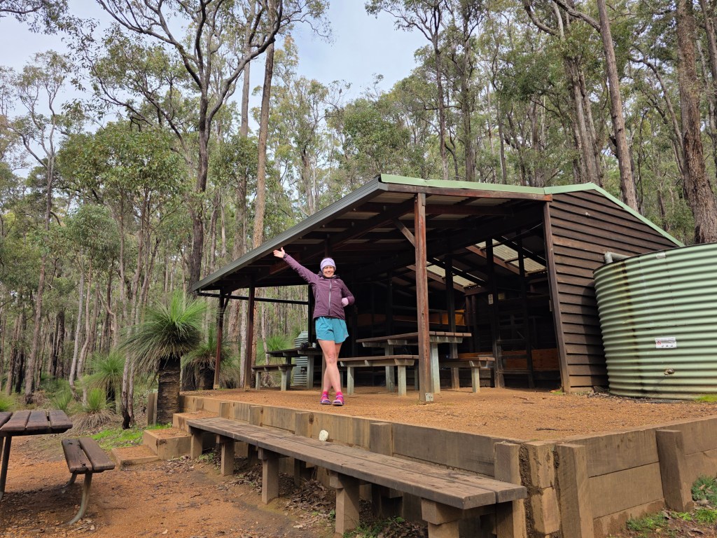 A person standing outside a wooden shelter in a forest, surrounded by tall trees and shrubs, with picnic tables and a water tank nearby.