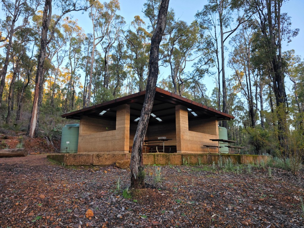 A rustic picnic shelter made from natural materials, surrounded by dense trees in a forested area.